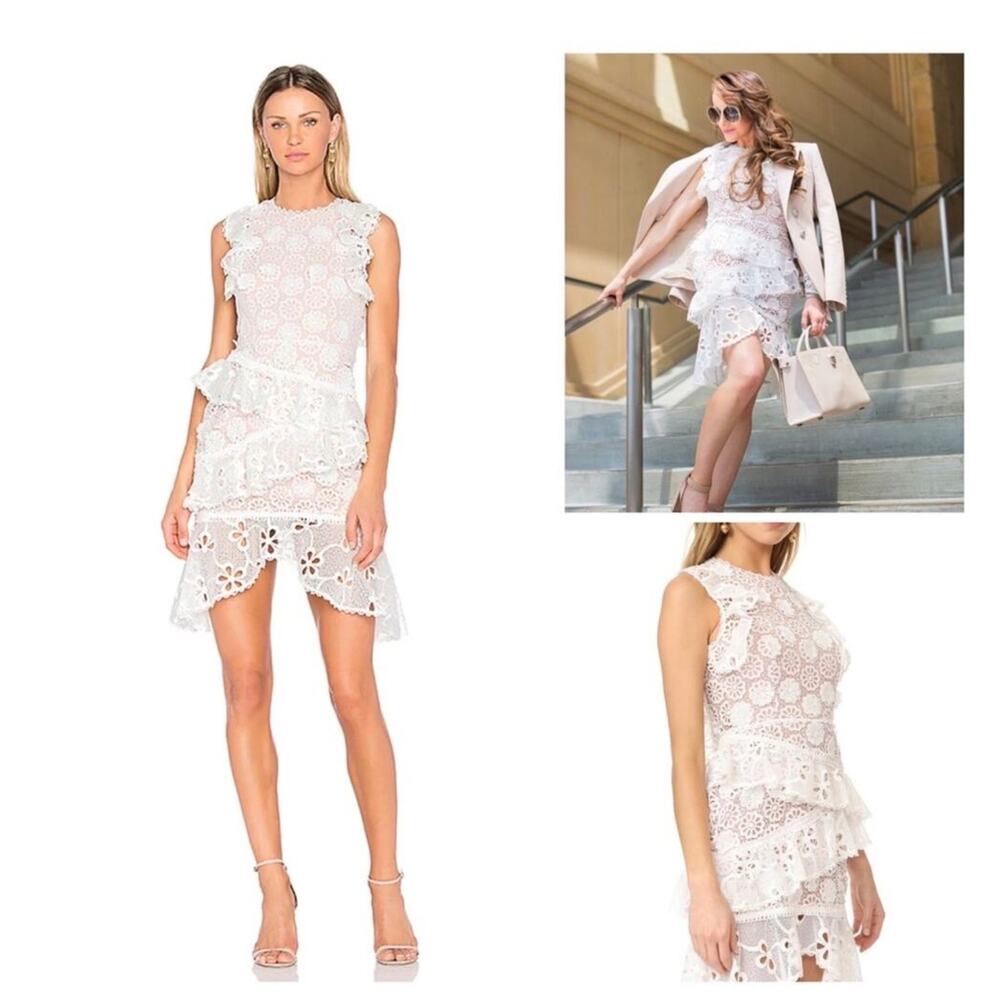 Alexis Arleigh White Guptiere Lace ruffle open back cocktail Mini Dress M